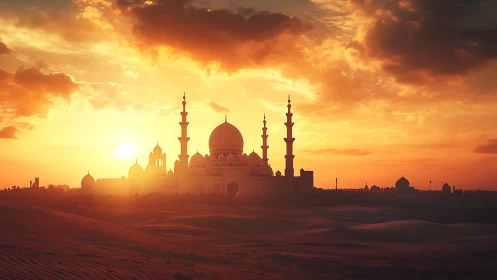 Mosque silhouette in desert landscape at low sun period.
