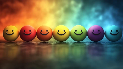 Chromatic smiley spheres aligned on reflective gradient plane.