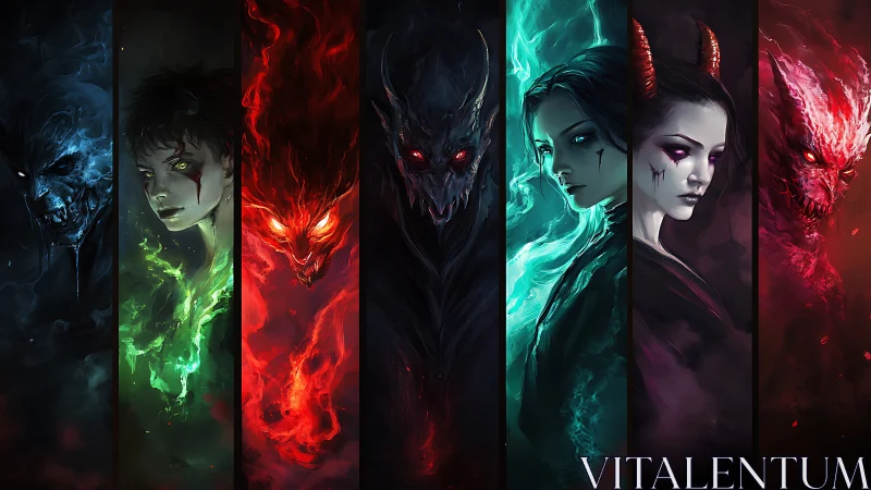 Elemental demon portraits in vertical spectral panels.