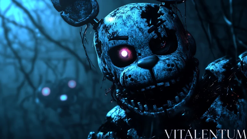Sinister animatronic rabbit grins in eerie blue forest.