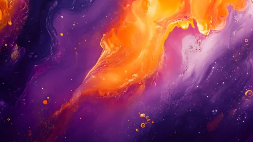 Vibrant orange fluid cloud drifting across deep violet field.
