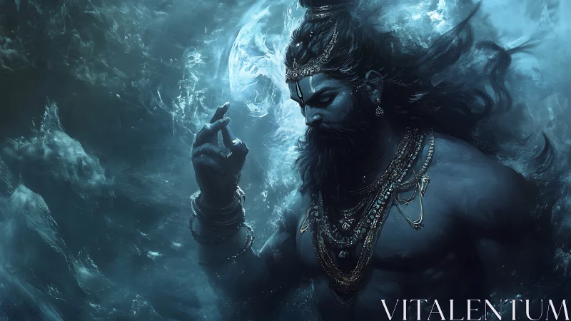 Mythic blue-skinned male figure stands amid turbulent water