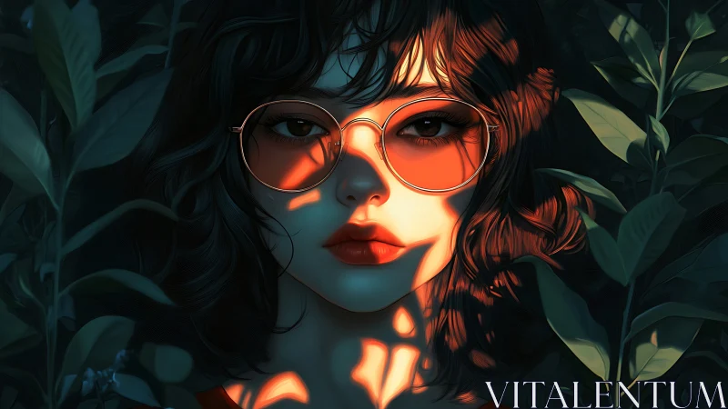 Woman with orange glasses framed by foliage in hard light