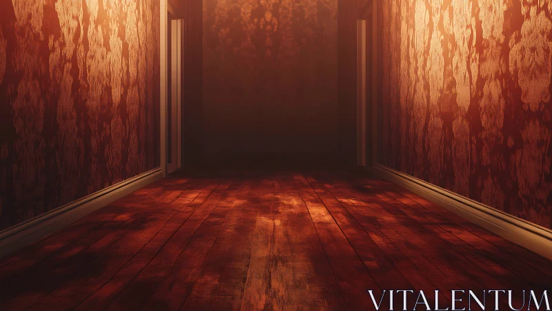 Dim corridor shows patterned walls and wooden floor