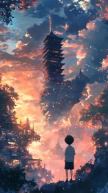 Boy gazes at floating pagoda amid blazing dreamlike sunset