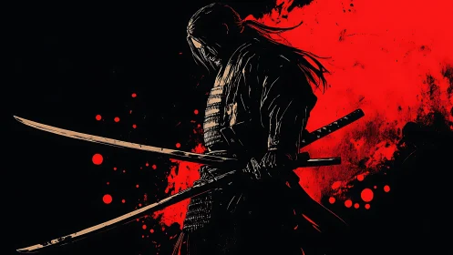 Samurai swordsman silhouette against blood red splatter.