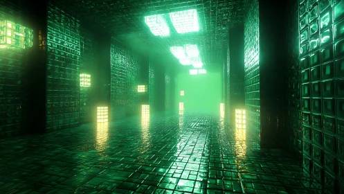Luminous green sci fi corridor glows through misty reflections