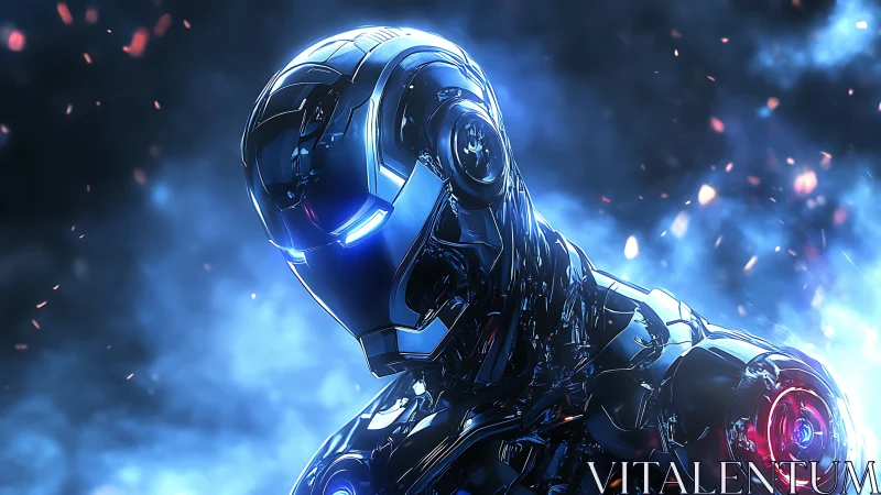 Cinematic chrome humanoid combat android in ionized blue haze