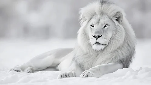 Snow white lion resting in a calm winter dreamscape.