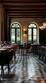 Elegant restaurant interior with arched windows and tiled floor.