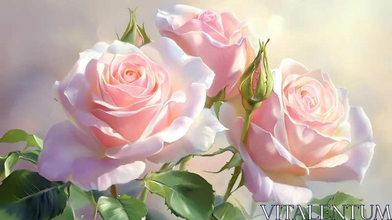Soft-focus botanical rendering of pink roses in diffused natural light.