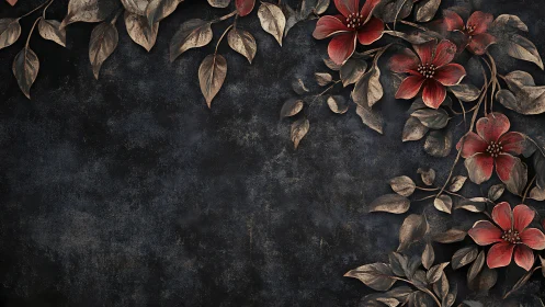 Vintage Floral Composition: Crimson Blooms Against Distressed Dark Surface