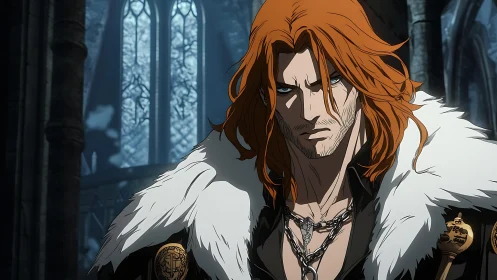 Red-haired warrior glares inside ruined gothic hall interior.