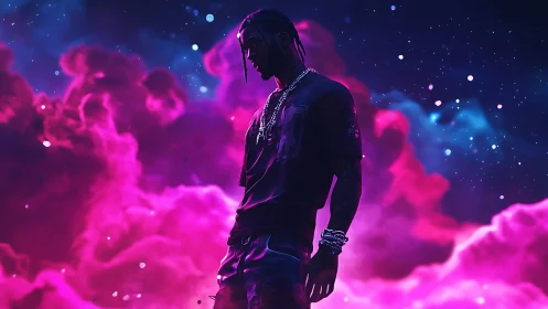 Silhouetted figure stands before vivid neon space clouds