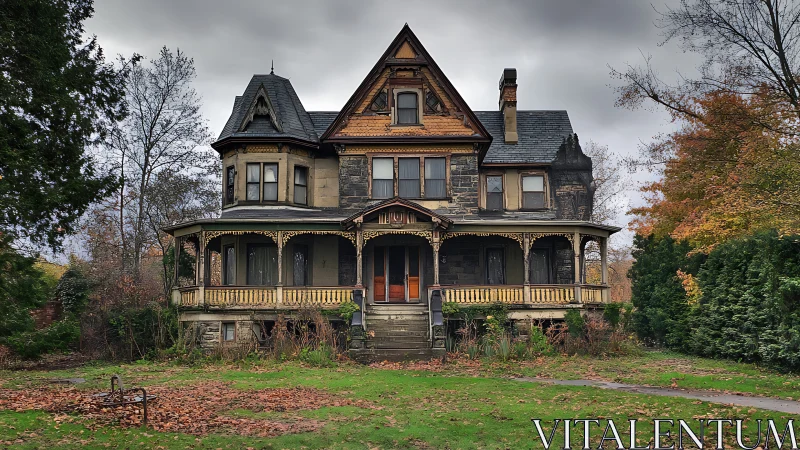 Old Victorian house with weathered porch and cloudy sky