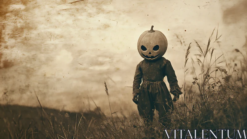 Child stands in field wearing carved pumpkin head costume