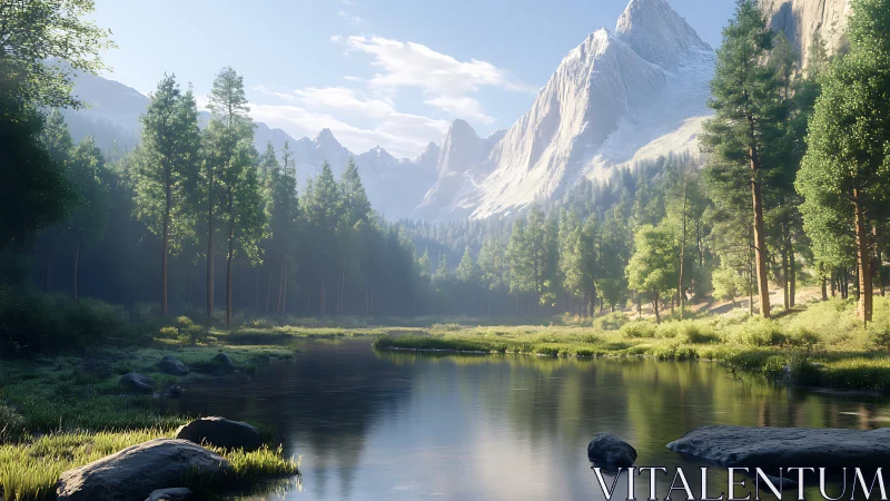 Mountain valley river with dense conifer forest in sunlight.