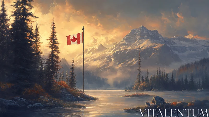 Canadian alpine lake at sunrise with flag under volumetric light