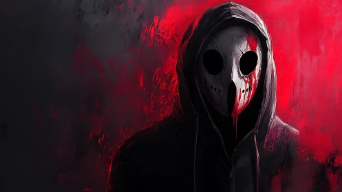Hooded figure in white mask against dark red background.