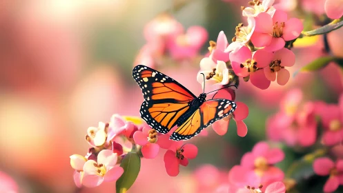 Monarch butterfly resting on vivid pink blossoms in soft bokeh field.