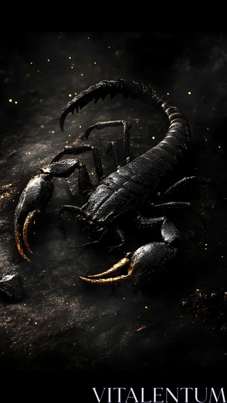 Macro study of armored black scorpion under ember-lit gloom