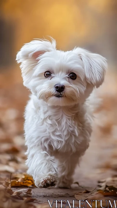 Small white dog walks toward camera on leaf covered path