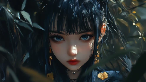 Blue-eyed girl stares through dense foliage with luminous gaze