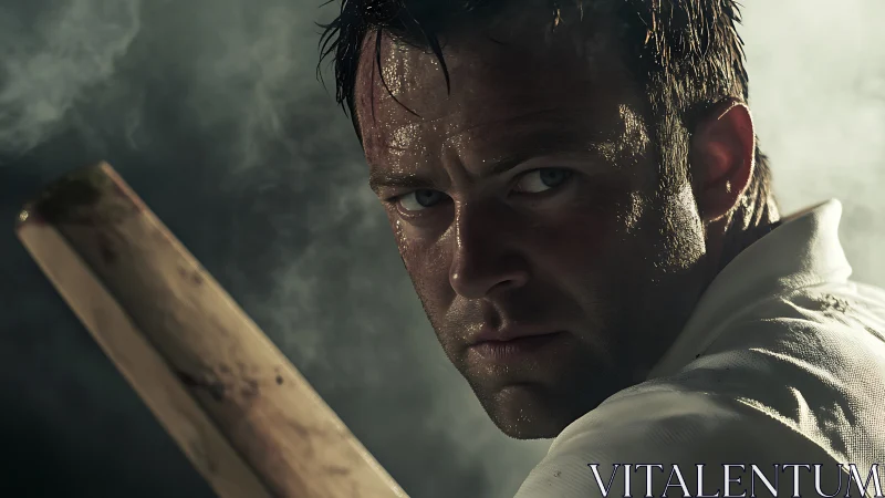 Intense cricket batter portrait under moody stadium light.