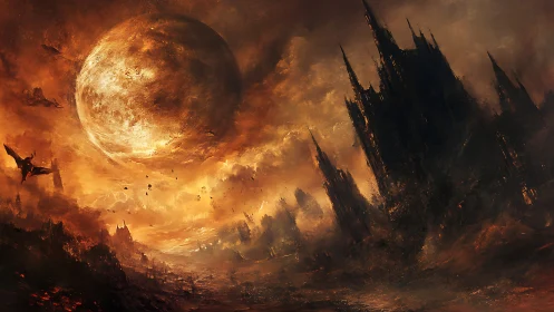 Infernal skyline beneath colossal burning blood moon.