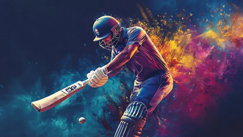 Digital painting of dynamic cricket batsman in explosive motion.