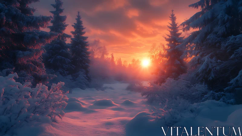 Winter forest glows under intense crimson sunrise light.