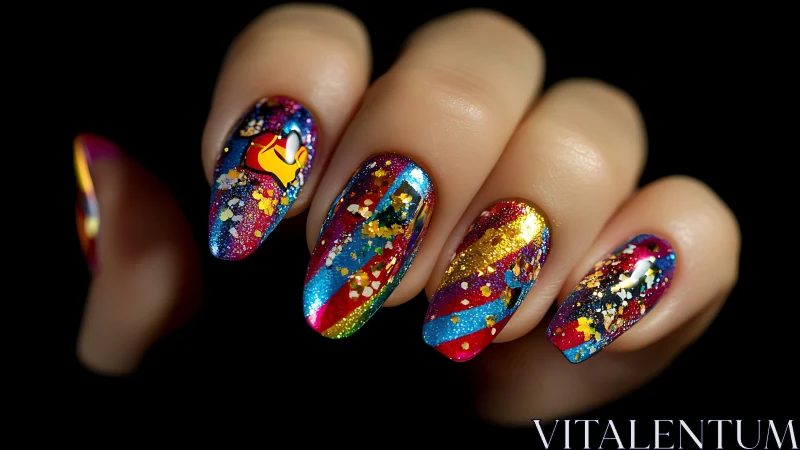 Vibrant holographic nail art with bold glitter accents.