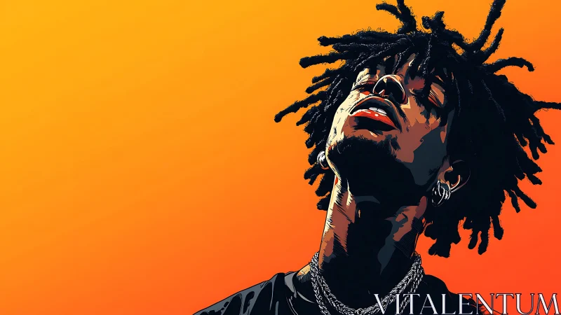 Intense hip-hop portrait against radiant orange gradient background.