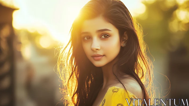 Photorealistic golden hour portrait with soft bokeh glow.
