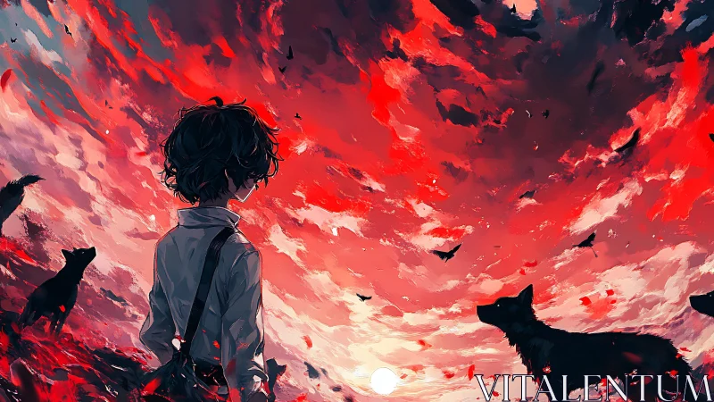 Child faces wolves under violent crimson storm sky.
