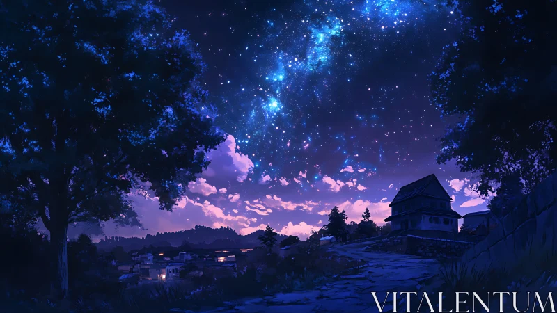 Night sky stretches over rural houses beneath dense stars