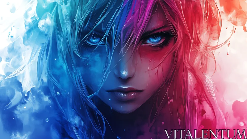 Intense anime portrait splits face with blue and red energy