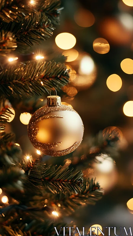 Gold Christmas bauble glows against warm tree lights