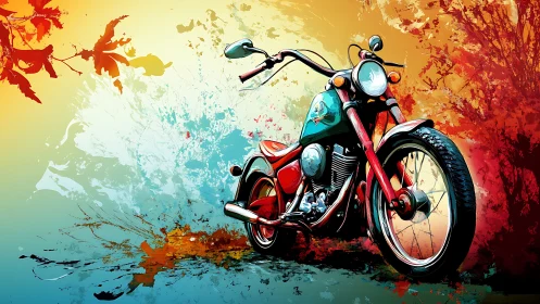 Custom chopper motorcycle against vivid abstract splashes.