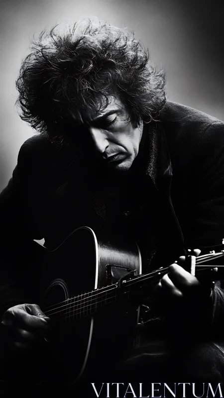 Shadow-swept guitarist cradles melodies in sculpted light.