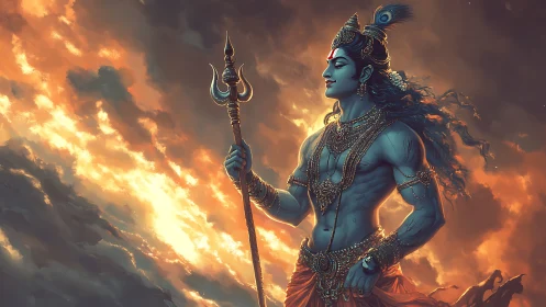 Mythic blue-skinned warrior holding trident at sunset.