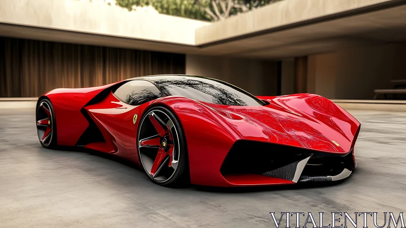 Low-slung red hypercar with extreme aero sculpting and glossy reflections