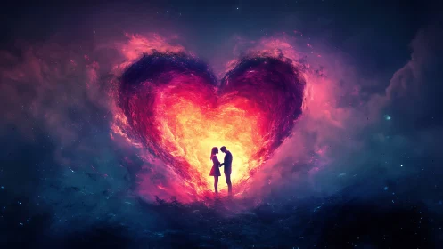 Silhouetted Figures Within Luminous Heart Formation.