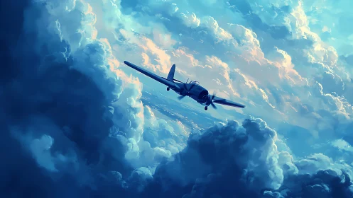 Single propeller aircraft traverses dense illuminated cloud field