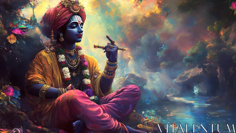 Seated blue-skinned figure plays flute beside luminous river