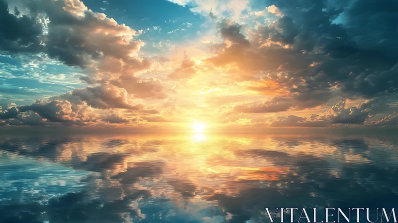 Sunset light reflects across calm ocean surface and clouds