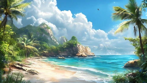 Tropical Beach Cove with Rocky Outcrops and Palm Trees