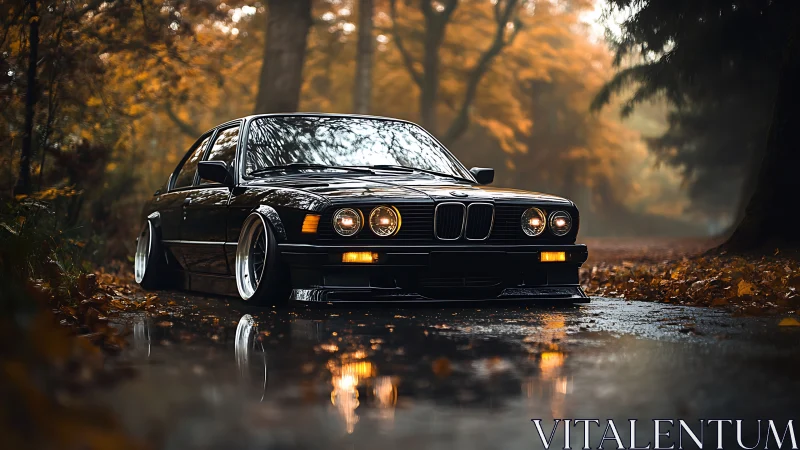 Lowered black BMW coupe parked on wet autumn forest road.