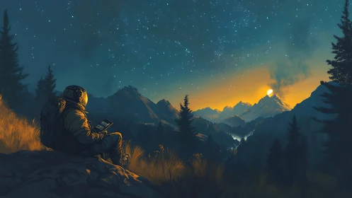 Astronaut camper studies tablet under alpine sunrise sky.