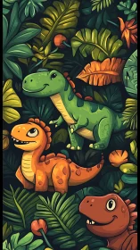 Playful cartoon dinosaurs in lush jungle foliage pattern.